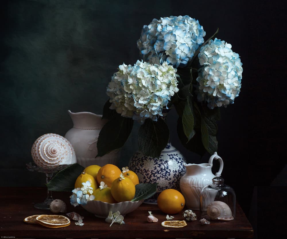 Blue Hydrangeas and Lemons by Alina Lankina — canvas wall art