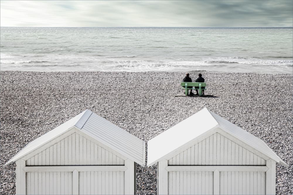 Seaside Huts and Couple by Gilbert Claes — canvas wall art