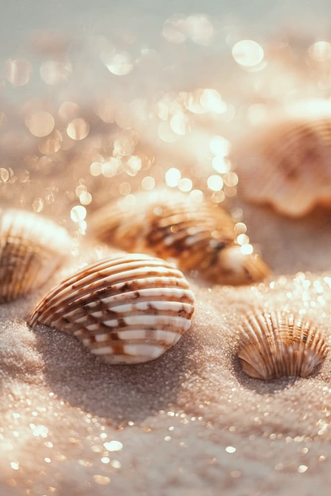 Seashells on Sparkling Sand by Treechild — canvas wall art