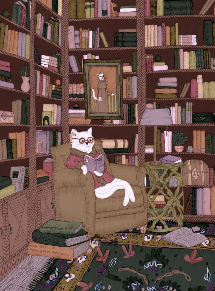 Cozy Library Cat by EC Mazur — canvas wall art