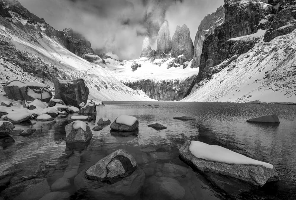 Mountain Peaks Winter Lake by Liwen Tao — canvas wall art