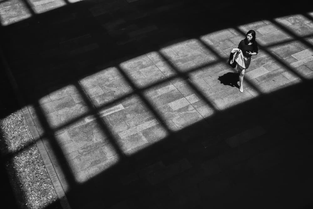 Woman in Geometric Shadows by Haruyo Sakamoto — canvas wall art