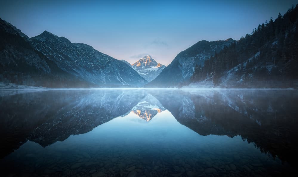 Misty Mountain Lake Reflection by Patrick Aurednik — canvas wall art
