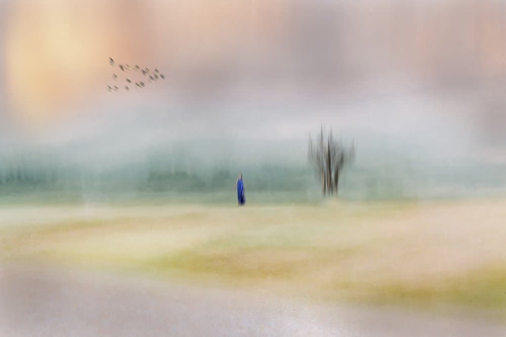 Blue Figure Misty Landscape by Ewa Całkosińska-Kajzer — canvas wall art