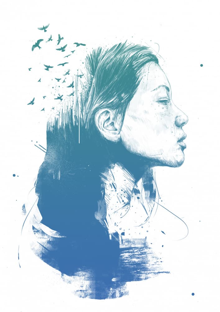 Woman Profile Flying Birds by Balazs Solti — canvas wall art
