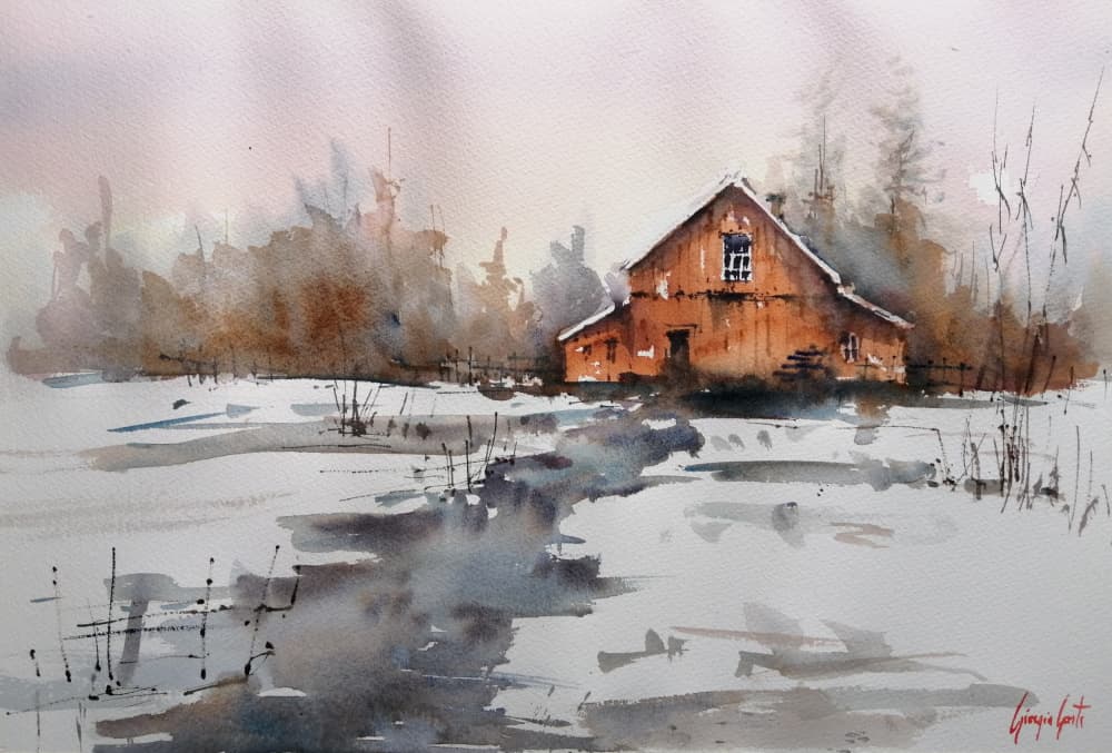 Rustic Winter Barn Stream by Giorgio Gosti — canvas wall art