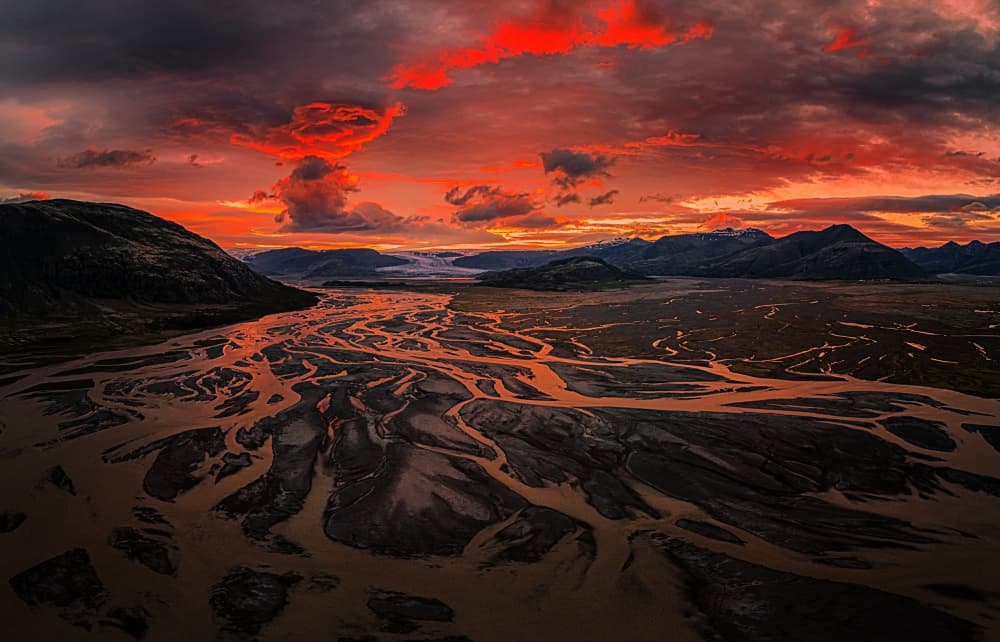 Fiery Braided River Sunset by Lydia Jacobs — canvas wall art