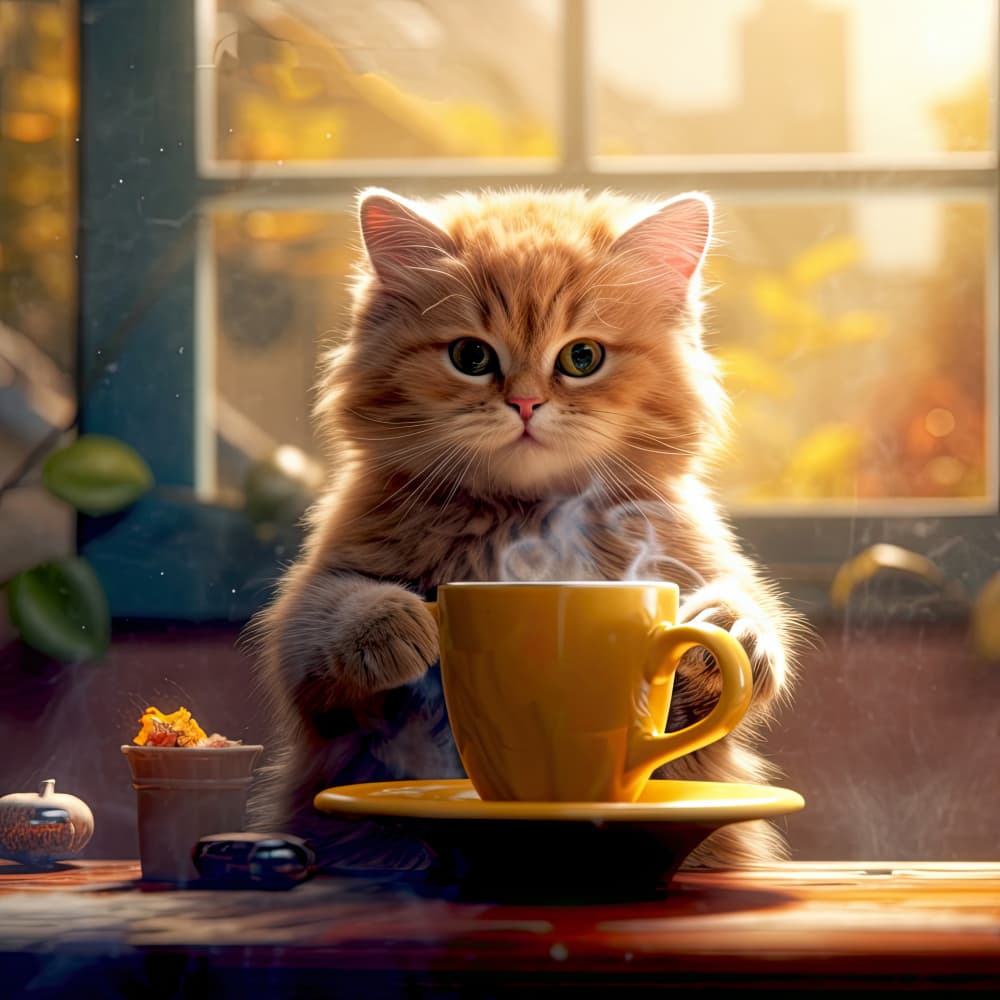 Fluffy Cat Morning Coffee by Justyna Jaszke — canvas wall art