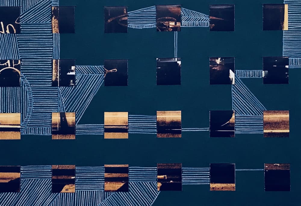 Abstract Blue Gold Grid by kellymariesmith — canvas wall art