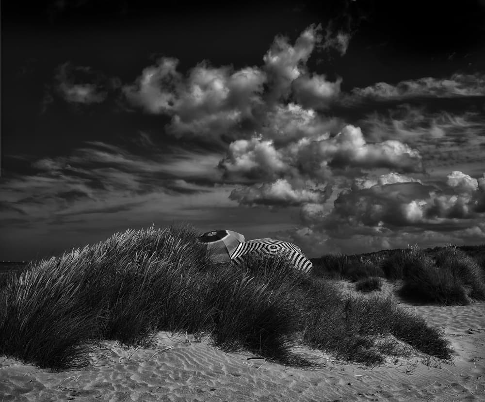 Cloudy Beach Umbrellas by Yvette Depaepe — canvas wall art