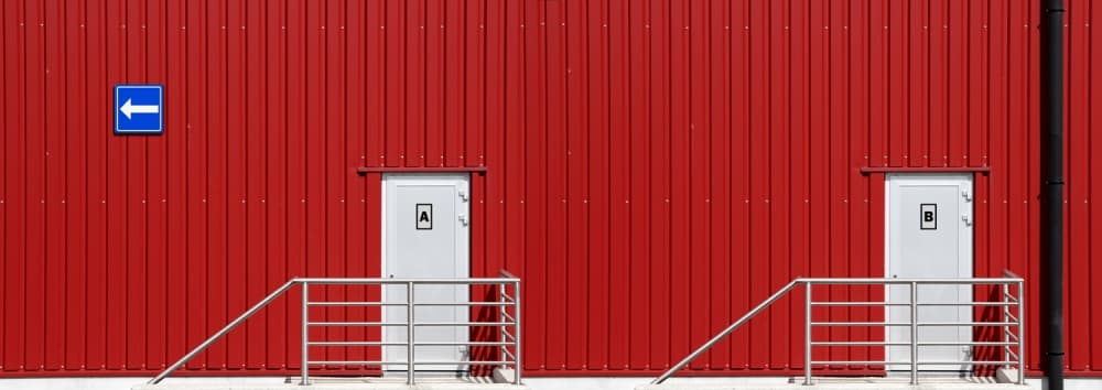Red Wall Blue Arrow by Eric Mattheyses — canvas wall art