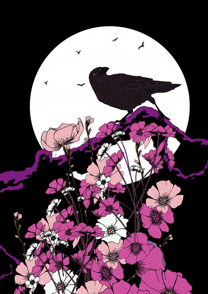 Black Bird Moon Flowers by Nicholas — canvas wall art