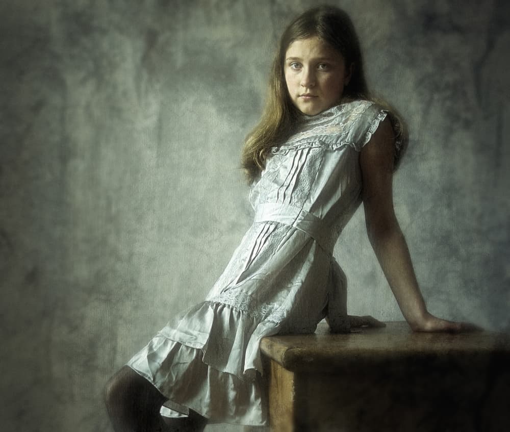 Pensive Girl in Vintage Dress by kenp — canvas wall art