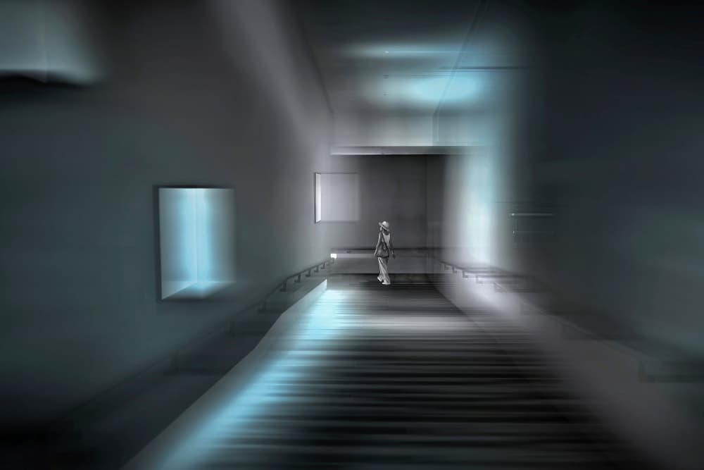 Solitary Figure Futuristic Hallway by MingLun Tsai (蔡明倫) — canvas wall art