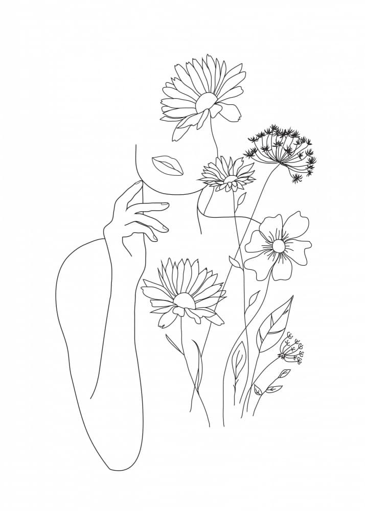 Minimal Line Art Woman With Flowers by Nadjaa — canvas wall art