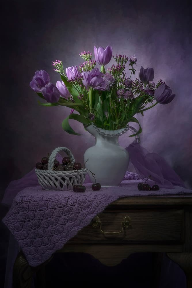 Purple Tulips and Cherries by Lydia Jacobs — canvas wall art