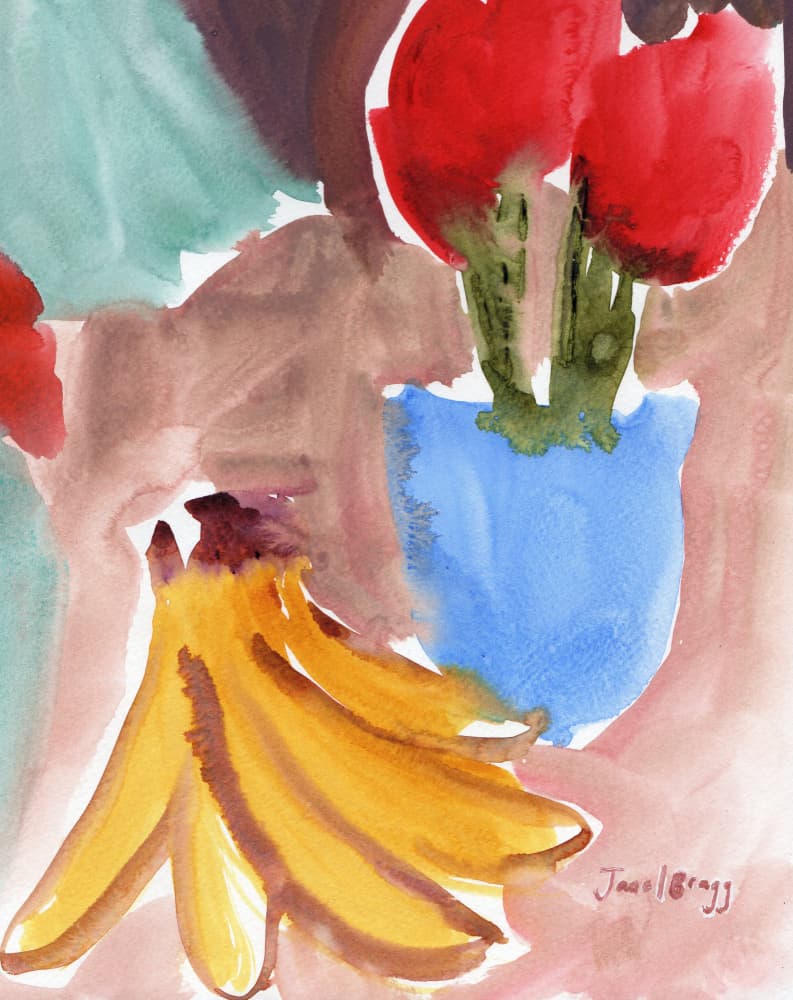 Red Blooms and Bananas by Janel Bragg — canvas wall art