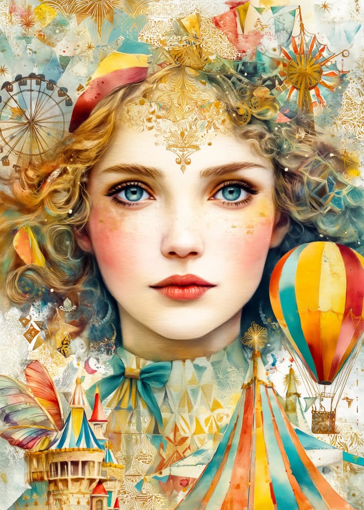 Whimsical Carnival Girl by Justyna Jaszke — canvas wall art