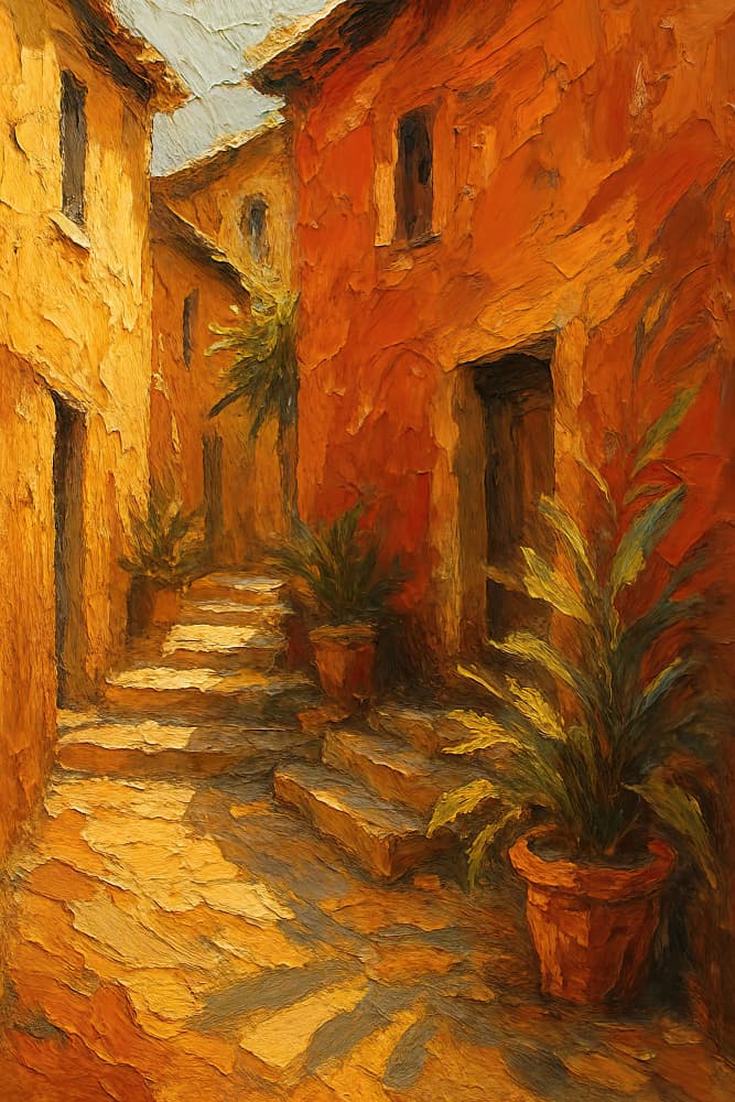 Sunlit Village Steps by Natalie Bruns — canvas wall art