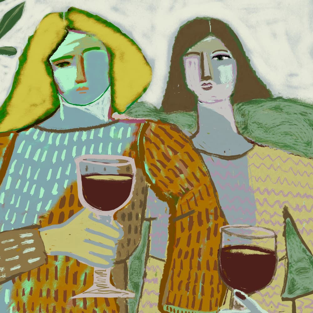 Friends Sharing Wine by Sharyn Bursic — canvas wall art