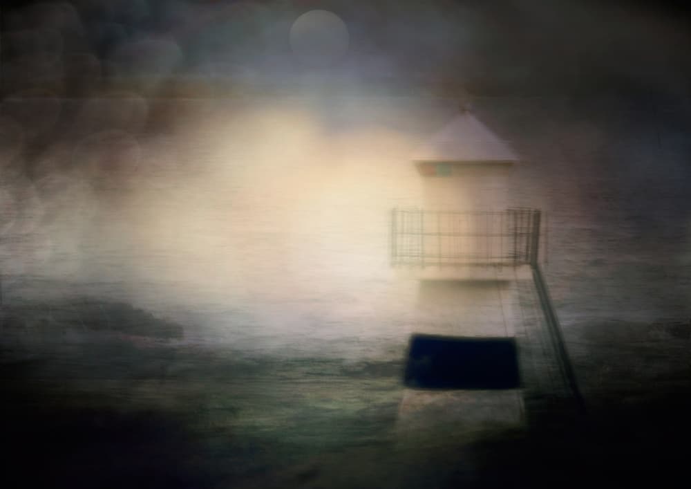 Misty Moonlight Lighthouse by Katarina Holmström — canvas wall art