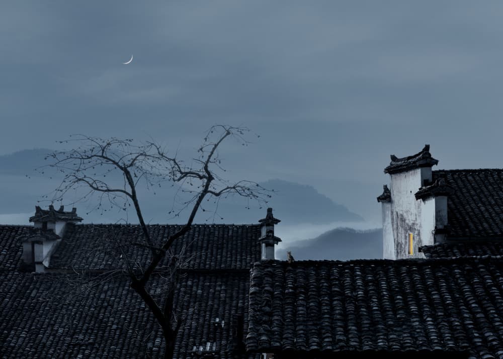 Misty Village Crescent Moon by Hsiao-Yang Fei — canvas wall art