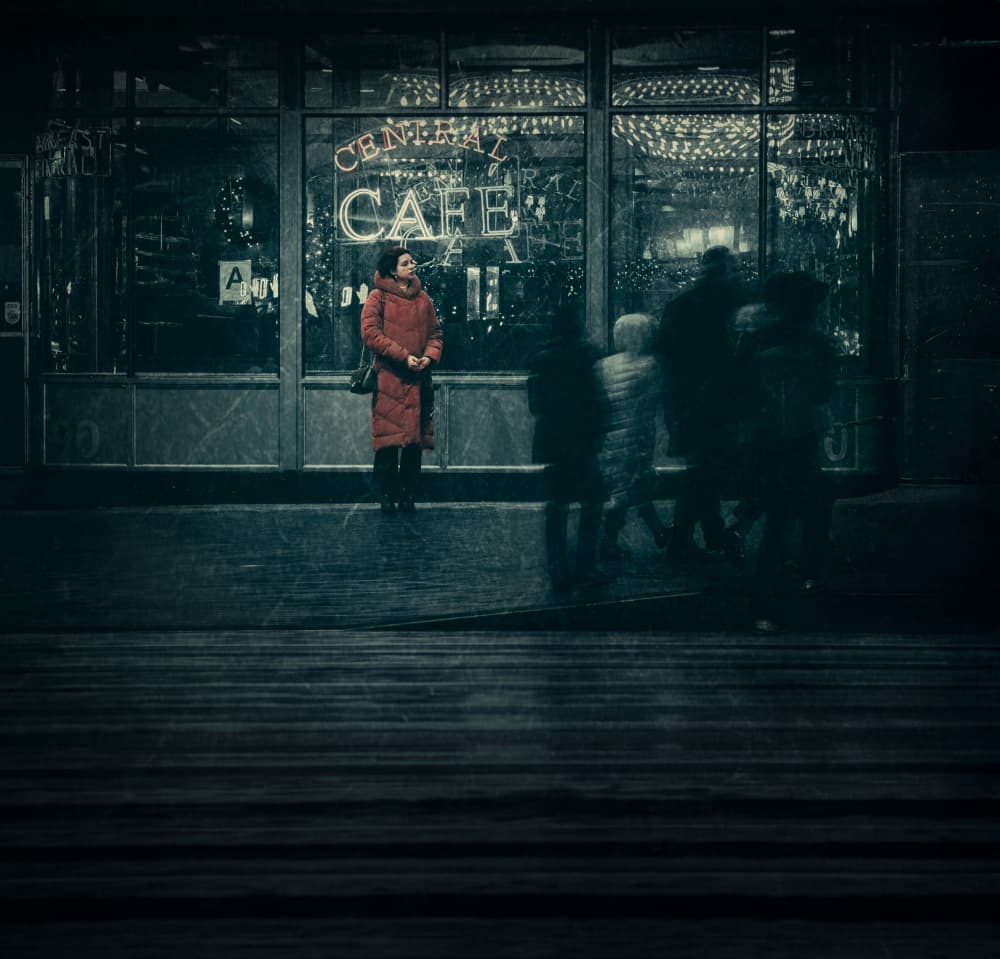 Red Coat City Night by Wei Xu — canvas wall art