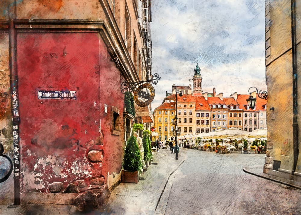Warsaw City Watercolor Art Poland (17) by Justyna Jaszke — canvas wall art