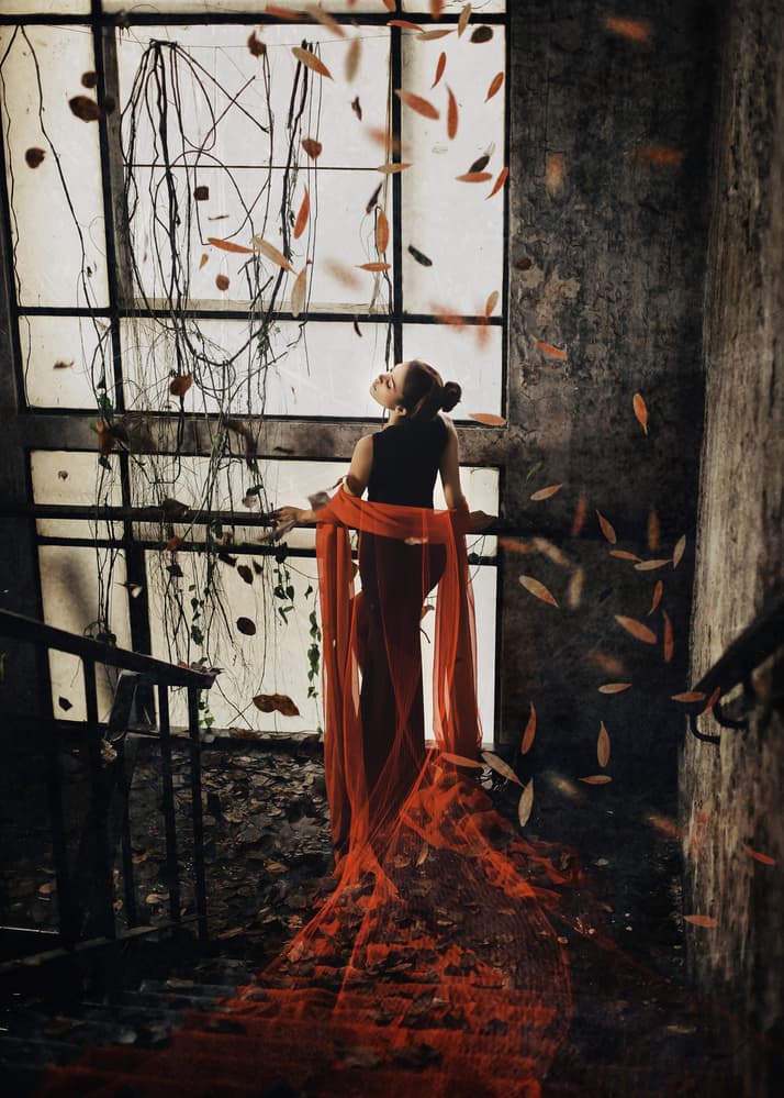 Falling Leaves Red Dress by Djayent Abdillah — canvas wall art