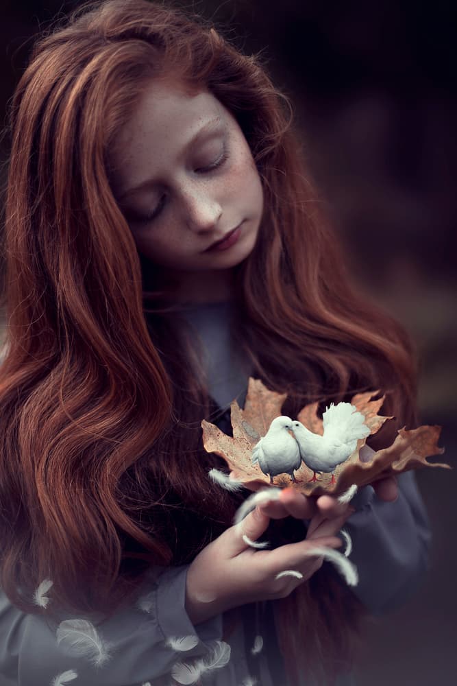 Redhead Girl And Doves by AYMAN KHRBAWE — canvas wall art