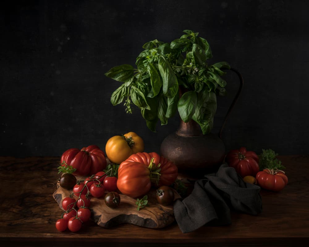 Heirloom Tomatoes And Basil by Diana Popescu — canvas wall art