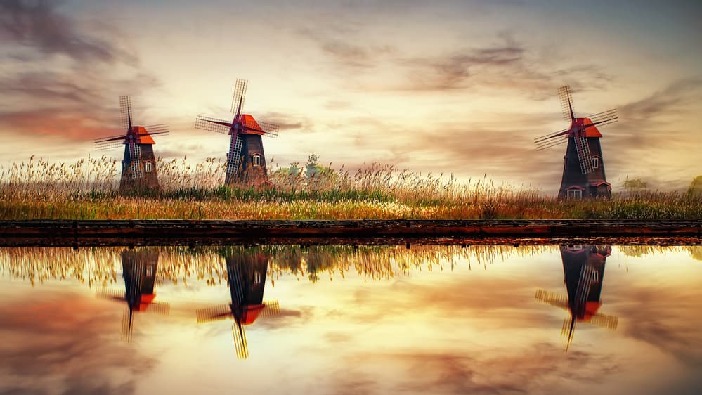 windmills on salt pond by Tiger Seo — canvas wall art