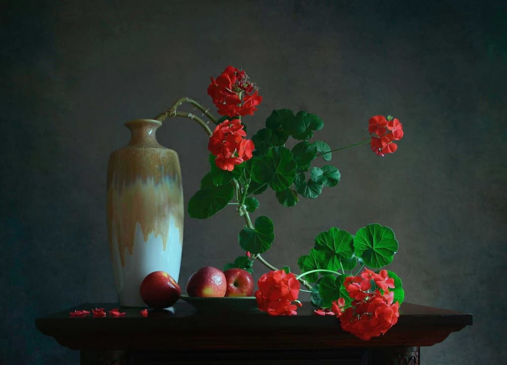 Geraniums and Fruit Still Life by Fangping Zhou — canvas wall art