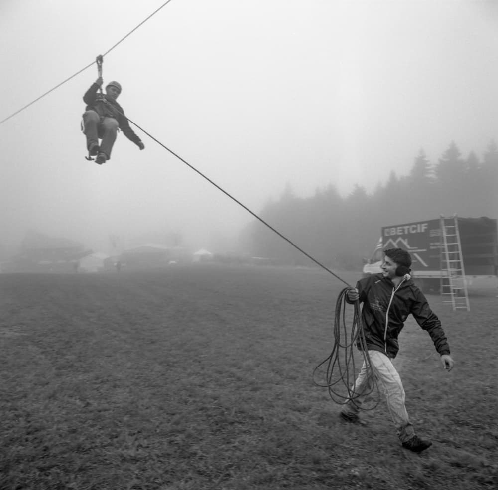 Foggy Zipline Adventure by Sorin Vidis — canvas wall art