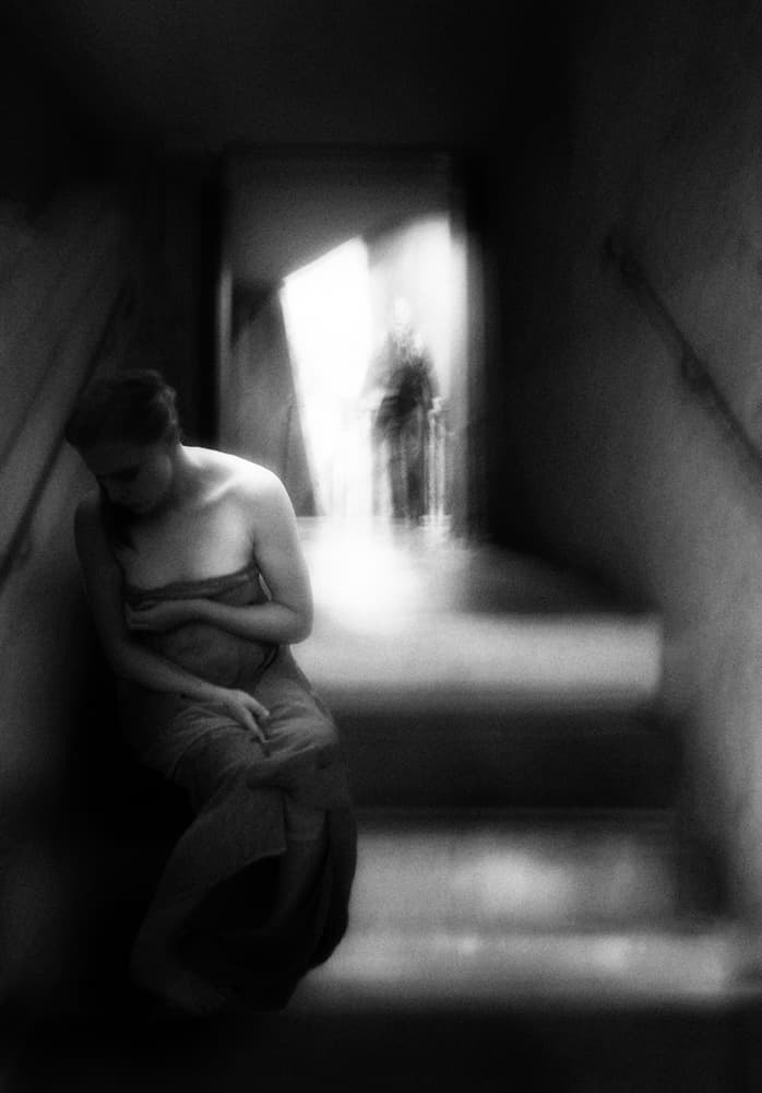 Woman on Dark Staircase by Charlaine Gerber — canvas wall art