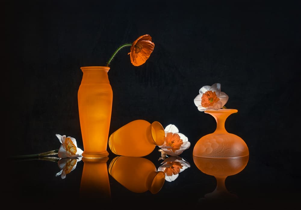 Orange Blooms Still Life by Lydia Jacobs — canvas wall art