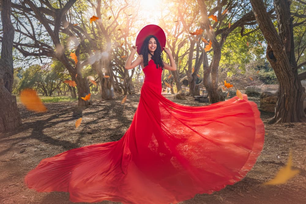 Joyful Red Dress Forest by Sharon Levy — canvas wall art