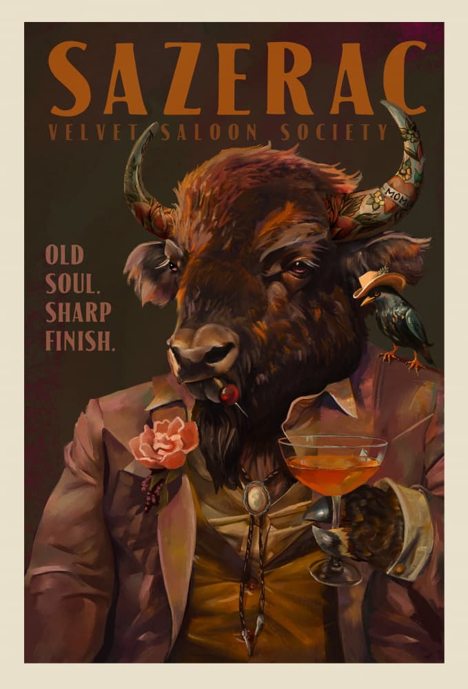 Buffalo Drinking Sazerac Cocktail. Alcohol & Liquor Bar Art by The Whiskey Ginger — canvas wall art