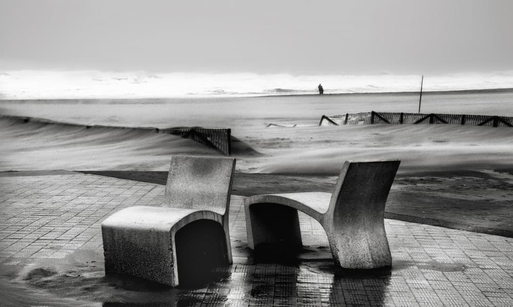 Concrete Chairs Ocean View by Yvette Depaepe — canvas wall art