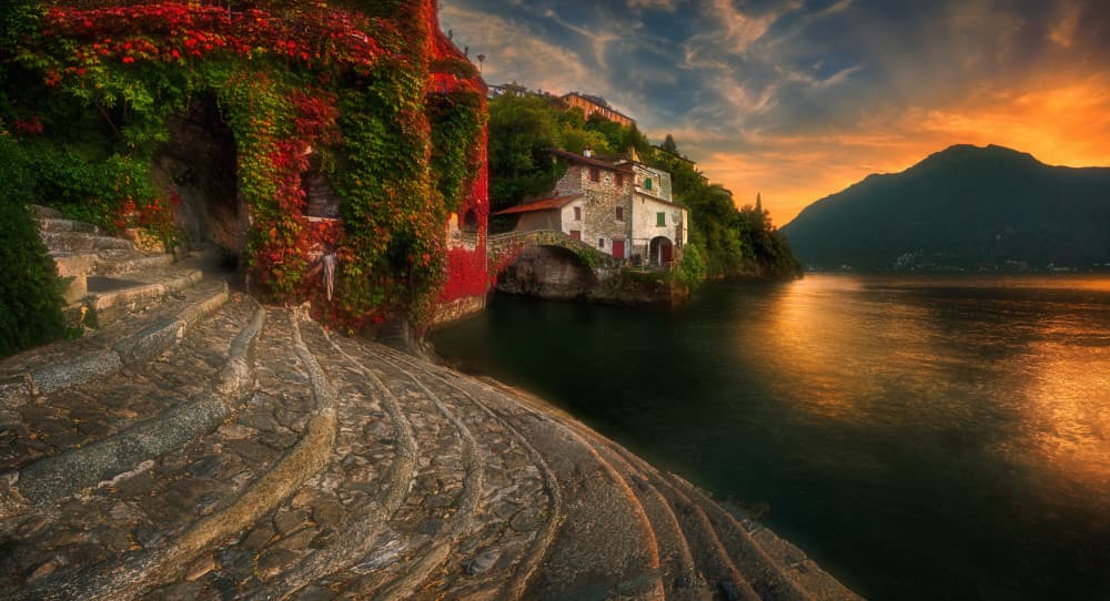 Italian Lake Village Sunset by Krzysztof Browko — canvas wall art