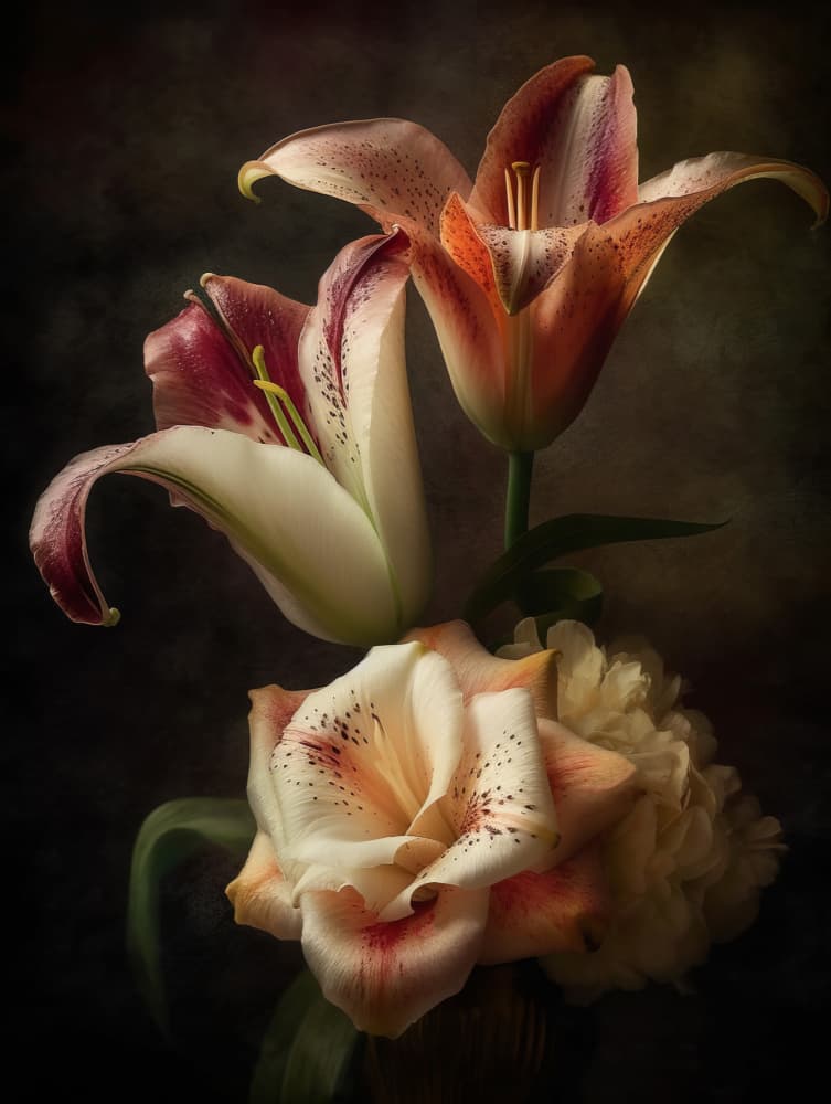 Moody Lilies and Rose by Bilge Paksoylu — canvas wall art