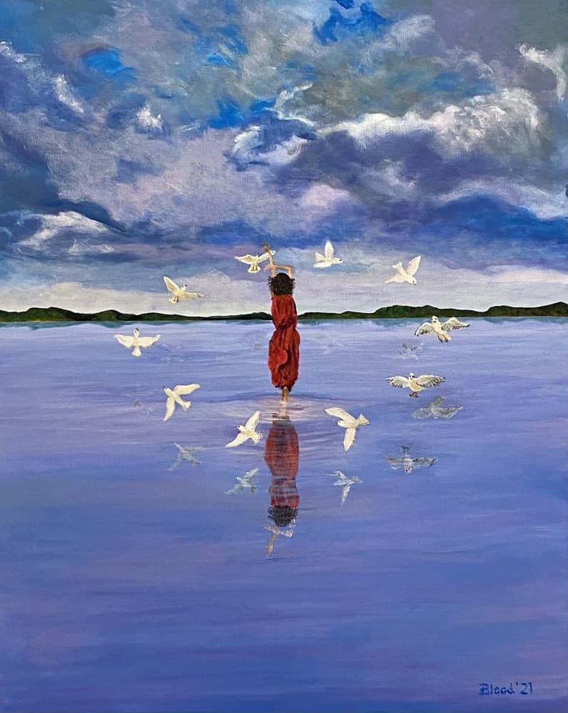 Woman and Flying Birds by Tom Blood — canvas wall art