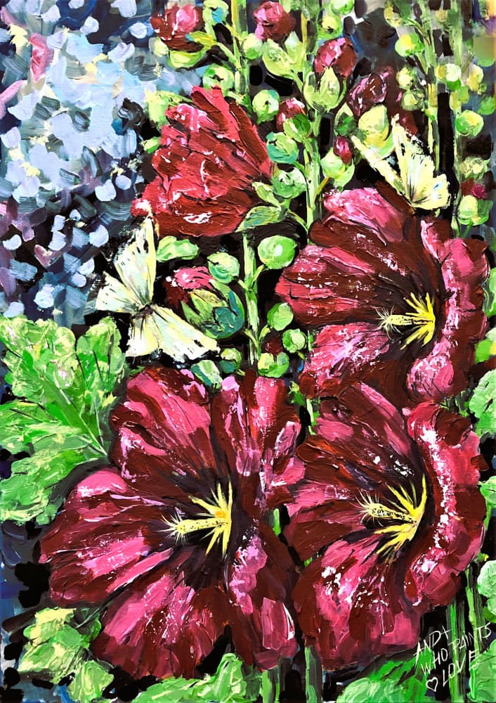 Red Hollyhock Butterflies by Anda Bieza — canvas wall art