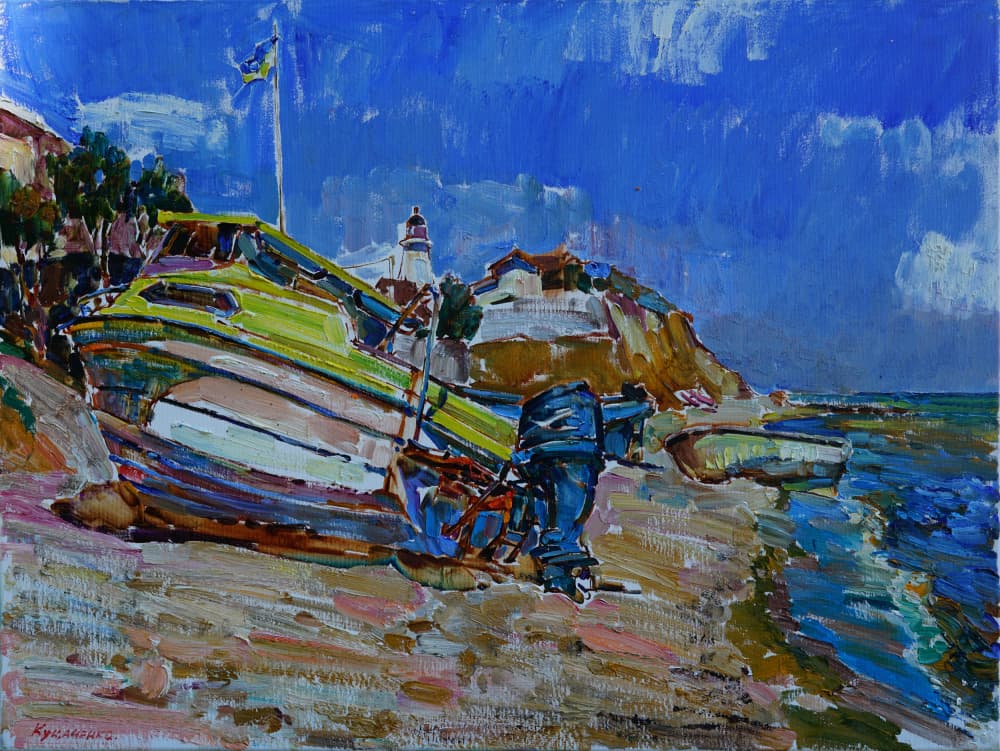 Summer Beach Boat by Andrii Kutsachenko — canvas wall art