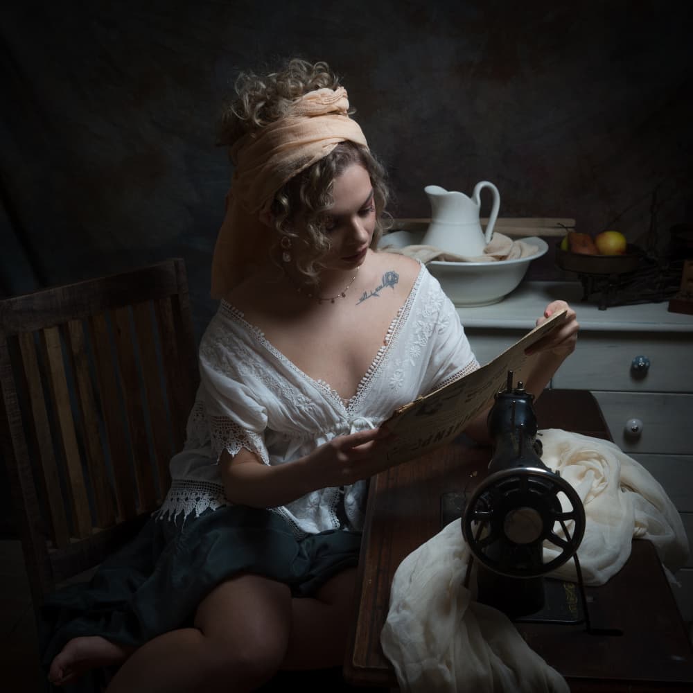 Pensive Seamstress Reading by Ruth Franke — canvas wall art