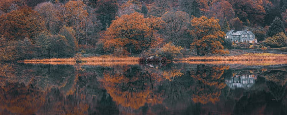 Tranquil Autumn Lake House by Kutub Uddin — canvas wall art