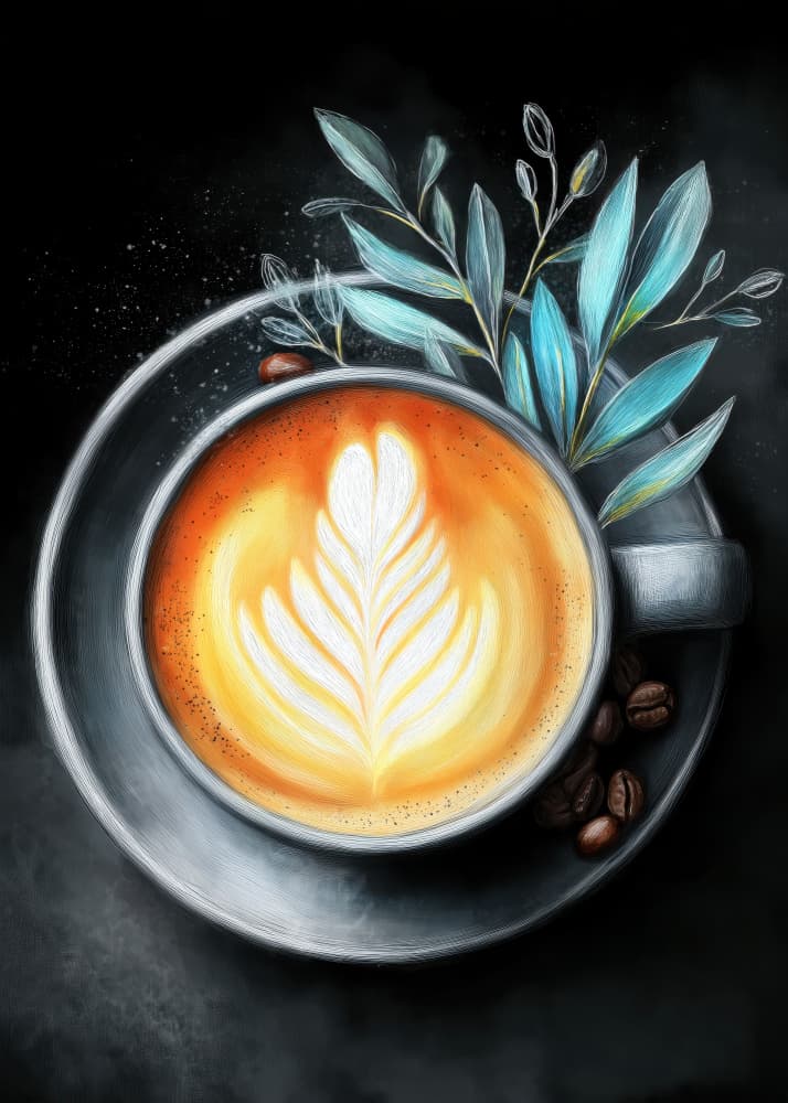 Latte Art and Blue Leaves by Justyna Jaszke — canvas wall art