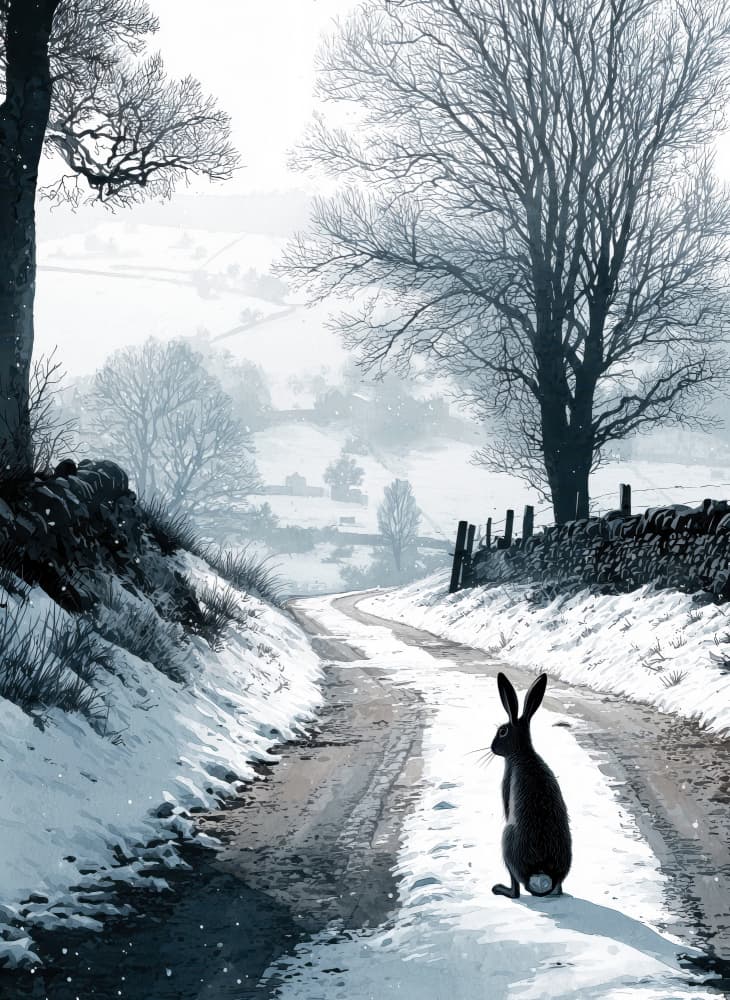 Hare On Snowy Road by Justyna Jaszke — canvas wall art