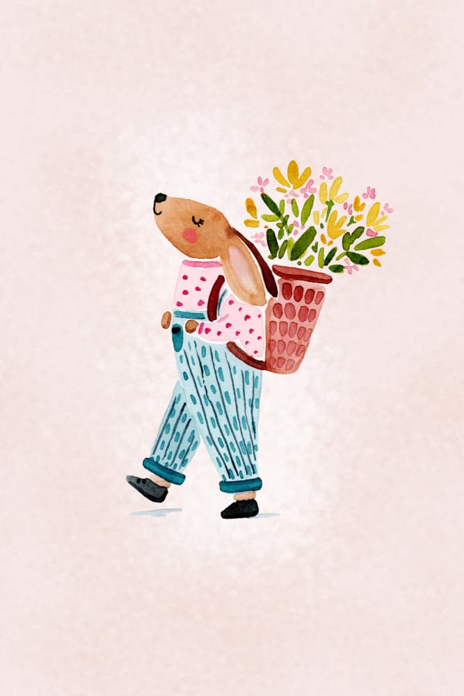 Cute Rabbit Flower Basket by Abigail Morales — canvas wall art