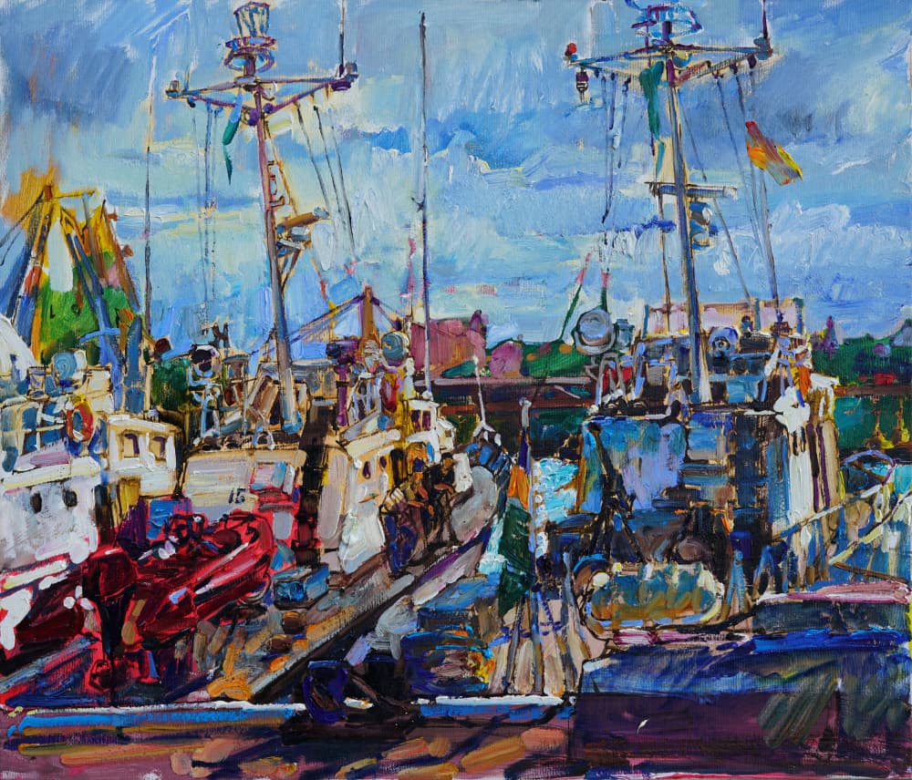Colorful Harbor Boats by Andrii Kutsachenko — canvas wall art